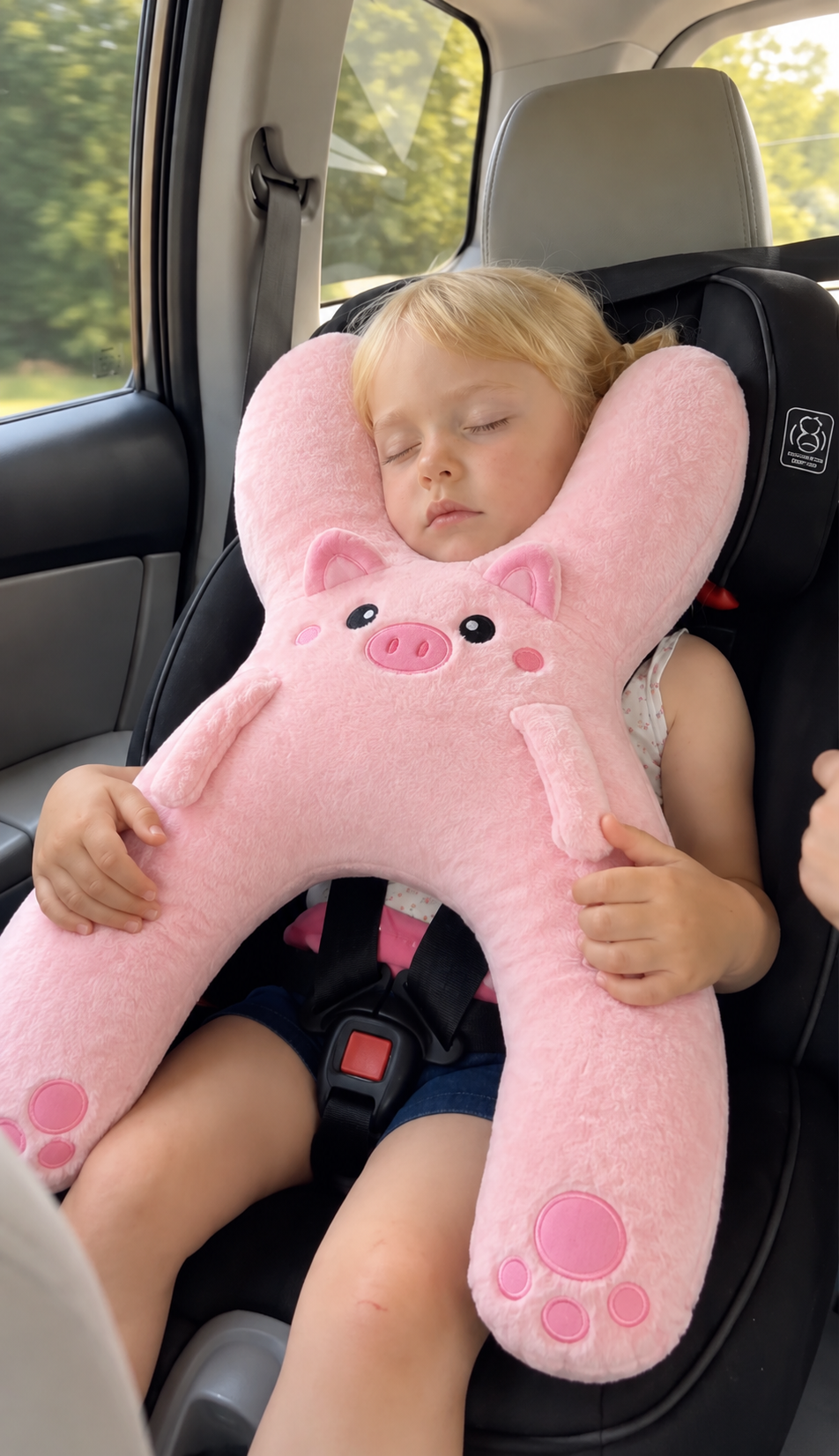 Child sleeping in a car seat hugging the Pink Pig travel pillow